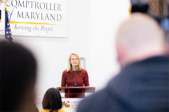 Comptroller Brooke E. Lierman delivers remarks during the opening of the Baltimore City branch office January 23, 2024.